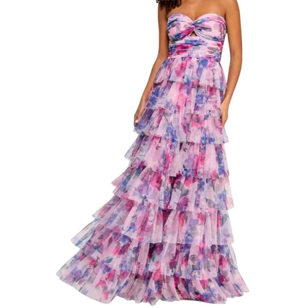 BCX Strapless Tulle Ruffled Maxi Dress in Pink & Blue Floral Print